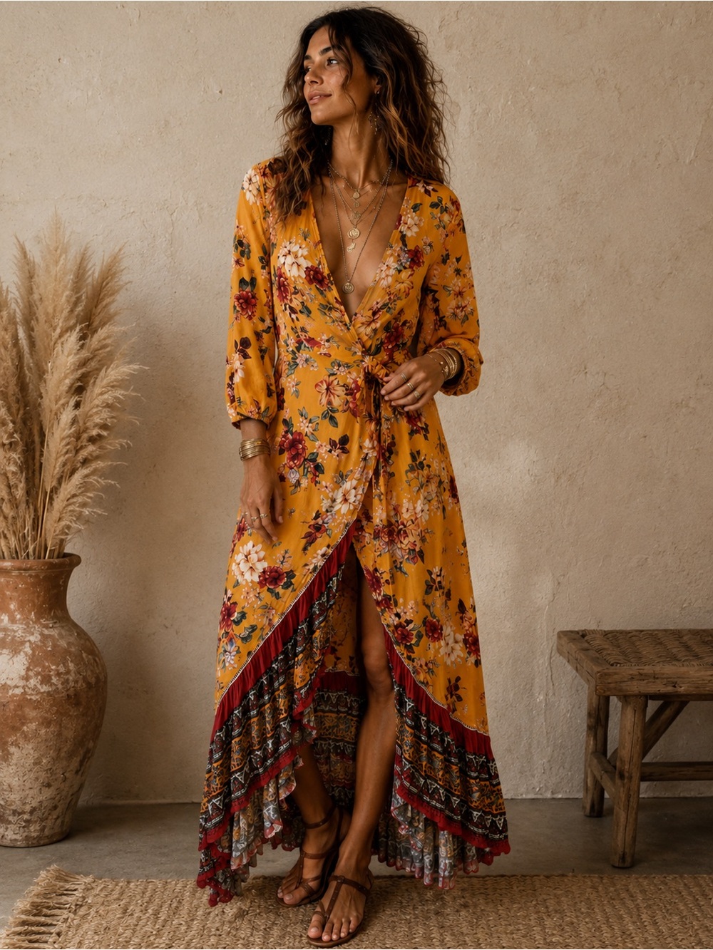 Farm Rio Floral Wrap Maxi Dress in Mustard